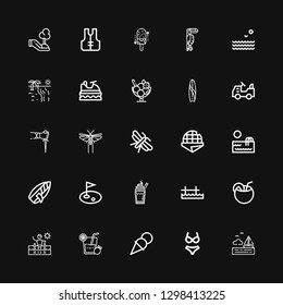 Editable 25 summer icons for web and mobile. Set of summer included icons line Sea, Bikini, Ice cream, Lemonade, Swimming pool, Coconut, Pier, Milkshake, Golf on black background