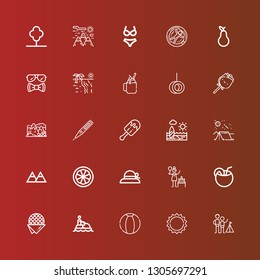 Editable 25 summer icons for web and mobile. Set of summer included icons line Camping, Sun, Beach ball, Jet ski, Stroopwafel, Coconut, Birch, Pamela, Orange, Mountains on red