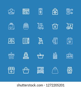 Editable 25 supermarket icons for web and mobile. Set of supermarket included icons line Bag, Store, Shopping bag, Shop, Online shop, Clerk, Basket, Shopping basket on blue background