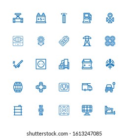 Editable 25 supply icons for web and mobile. Set of supply included icons line Electric telegraph, Solar panel, Socket, Pipes, Barrel, Electric, Plumber, Pipe on white background