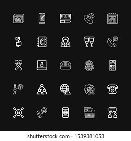 Editable 25 support icons for web and mobile. Set of support included icons line Talk, Wireframe, Smartphone, Phone call, Vpn, Telephone, Maintenance, Worldwide on black background
