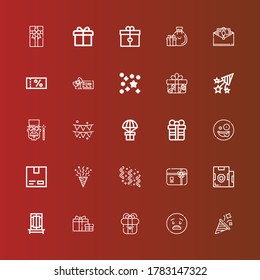 Editable 25 iconos sorpresa para web y móvil. Conjunto de sorpresas incluye íconos de línea Partido, Sorprendido, Presente, Regalo, Trick, Parcel, Tarjeta Regalo, Confetti, Cartón, Magician en rojo