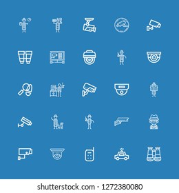 Editable 25 surveillance icons for web and mobile. Set of surveillance included icons line Binoculars, Police car, Baby monitor, Cctv, Security camera, Mafia on blue background