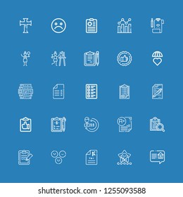 Editable 25 survey icons for web and mobile. Set of survey included icons line Review, Satisfaction, Exam, Clipboard, Evaluation, Test, Feedback, Emotions, Evaluate on blue background