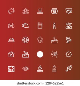 Editable 25 swimming icons for web and mobile. Set of swimming included icons line Fish, Sauna, Windsurf, Real estate, Summer, Swimming pool, Swimming, Jellyfish, Pamela on red
