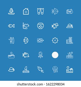Editable 25 swimming icons for web and mobile. Set of swimming included icons line Swimming pool, Jellyfish, Fish, Windsurf, Pamela, Real estate, Summer on blue background