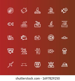 Editable 25 swimming icons for web and mobile. Set of swimming included icons line Pamela, Yoga, Fish bowl, Exercise, Fish, Jellyfish, Surfer, Real estate, Sauna, Pool on red