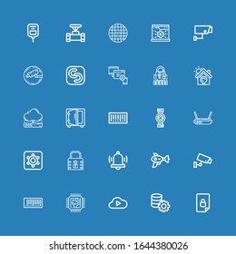 Editable 25 system icons for web and mobile. Set of system included icons line Locked, Server, Cloud computing, Cpu, Barcode, Cctv, Blaster, Alarm, Lock, Hidden camera on blue background