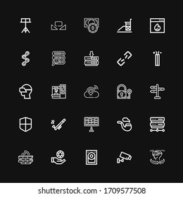 Editable 25 system icons for web and mobile. Set of system included icons line Vr, Cctv, Hard disk, Chips, Firewall, Server, Pipe, Solar panel, Panel, Padlock on black background