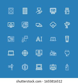 Editable 25 tablet icons for web and mobile. Set of tablet included icons line Portable, Computer, Laptop, Pharmacy, Graphic designer, Learning, Design, Ointment on blue background