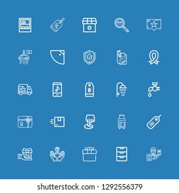 Editable 25 tag icons for web and mobile. Set of tag included icons line Delivery man, Inbox, Gift, Ribbon, Tag, Suitcase, Position, Delivery, Gift card, Tap on blue background