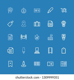 Editable 25 tag icons for web and mobile. Set of tag included icons line Coding, Coupon, Barcode, Location, Bookmark, Tag, Delivery, Marker, Js, Trending topic on blue background