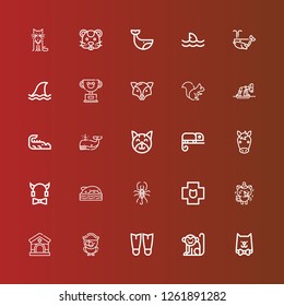 Editable 25 tail icons for web and mobile. Set of tail included icons line Cat, Monkey, Fins, Parrot, Veterinary, Kitty, Scorpion, Shark, Devil, Horse, Chameleon, Whale on red