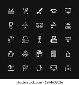 Editable 25 take icons for web and mobile. Set of take included icons line Take away, Selfie stick, Cup, Tap, Take off, Coffee cup, Sticks, Aircraft, Cups on black background