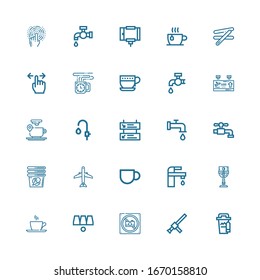Editable 25 take icons for web and mobile. Set of take included icons line Coffee cup, Baton, No photo, Cups, Cup, Tap, Aircraft, Departures, Faucet, Departure on white background