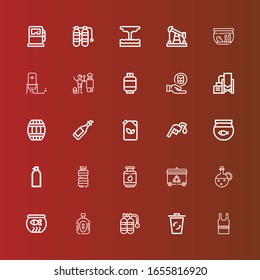 Editable 25 iconos tanques para web y móvil. Conjunto de tanques incluidos línea de iconos pantalones sin mangas, cubo de reciclaje, oxígeno, aceite, tazón de pescado, gas, gasolinera, combustible, barril, depósito en rojo