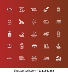Editable 25 tanker icons for web and mobile. Set of tanker included icons line Cargo ship, Boat, Trailer, Sailing boat, Tank, Gas, Oil, Inflatable boat, Cruise, Boating on red