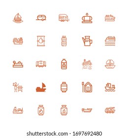 Editable 25 tanker icons for web and mobile. Set of tanker included icons line Tank, Boat, Gas, Cargo ship, Sail boat, Boating, Cruise, Oil, Water tank, Trailer on white background