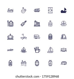 Editable 25 tanker icons for web and mobile. Set of tanker included icons line Trailer, Gas, Boat, Tank, Oil, Sailing boat, Inflatable boat, Water tank, Sail on white background