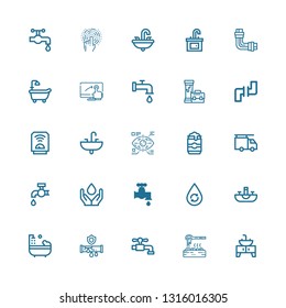 Editable 25 tap icons for web and mobile. Set of tap included icons line Sink, Heater, Tap, Pipe, Bathtub, Water, Faucet, Plumber, Beer can, Eye Pipes on white background