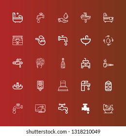 Editable 25 tap icons for web and mobile. Set of tap included icons line Bathtub, Faucet, Water tap, Touch screen, Beer can, Water, Water heater, Sink, Pipe, Pub, Save on red