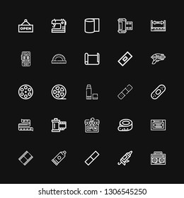 Editable 25 tape icons for web and mobile. Set of tape included icons line Radio cassette, Caulk gun, Rubber, Glue, Movie film, Cassette, Measuring tape, Open on black background