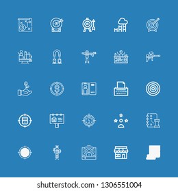 Editable 25 target icons for web and mobile. Set of target included icons line Startup, Market, Influencer, Paintball, Target, Strategy, Advertisement, Dartboard on blue background