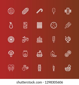 Editable 25 tasty icons for web and mobile. Set of tasty included icons line Bowl, Milkshake, Candy, Sweets, Popsicle, Biscuit, Melon, Burger, Cookies, Mushroom, Ice cream on red