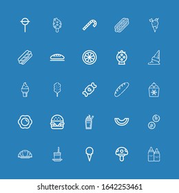 Editable 25 tasty icons for web and mobile. Set of tasty included icons line Ketchup, Mushroom, Ice cream, Frozen yogurt, Croissant, Biscuit, Melon, Milkshake on blue background