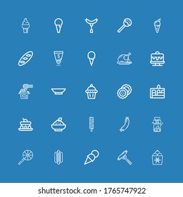Bearbeitbar 25 leckere Icons für Web und Mobile. Set mit leckeren Inbegriffen Icons Linie Eis, Wurst, Hot dog, Lollipop, Cookies, Porridge, Cake, Biscuits, Muffin auf blauem Hintergrund
