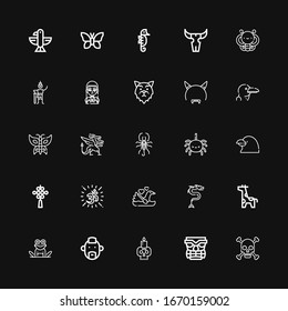 Editable 25 tattoo icons for web and mobile. Set of tattoo included icons line Skull, Tiki, Punk, Frog, Giraffe, Dragon, Swan, Om, Chinese knot, Raven, Spider on black background
