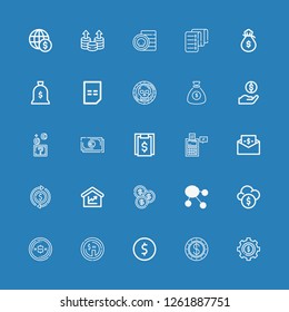 Editable 25 tax icons for web and mobile. Set of tax included icons line Dollar, Coin, Funds, Amount, Bill, Tax, Cash, Coins, Money bag, Invoice on blue background