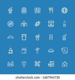Editable 25 tea icons for web and mobile. Set of tea included icons line Tea, Breakfast, Bacon, Boil, Restaurant, Mug, Croissant, Barista, Cup, Coffee cup, Coffee grinder on blue background