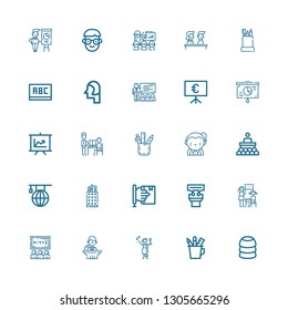 Editable 25 teacher icons for web and mobile. Set of teacher included icons line Training, Pencil case, Toga, Conference, Class, Lesson, Presentation, Learning on white background