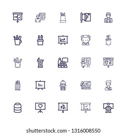 Editable 25 teacher icons for web and mobile. Set of teacher included icons line Conference, Presentation, Training, Student, Teacher, Pencil case, Coach, Learning on white background