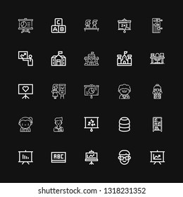 Editable 25 teaching icons for web and mobile. Set of teaching included icons line Presentation, Student, Blackboard, Bookcase, Training, Teacher, Study, School on black background