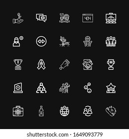 Editable 25 team icons for web and mobile. Set of team included icons line Queue, Friends, Leader, Spirits, Business, Teamwork, Paintball, Trophy, Deal, Hand on black background
