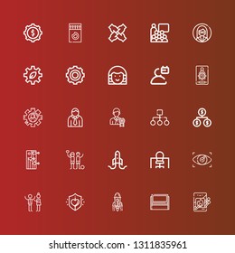 Editable 25 teamwork icons for web and mobile. Set of teamwork included icons line Matches, Whiteboard, Startup, Charity, Discussion, Vision, Office, Training, Organization on red