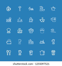Editable 25 teapot icons for web and mobile. Set of teapot included icons line Tea, Kettle, Blender, Utensils, Cooking, Cappuccino, Espresso on blue background