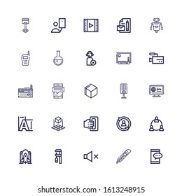 Editable 25 technology icons for web and mobile. Set of technology included icons line Smartphone, Cutter, Mute, Clamp, Rocket ship, Network, Rotate, Handheld on white background
