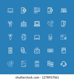 Editable 25 telephone icons for web and mobile. Set of telephone included icons line Headset, Smartphone, Mobile, Cards, Telephone, Phone, Laptop, Selfie, Call center on blue background