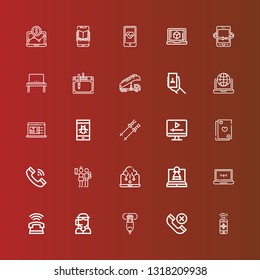 Editable 25 telephone icons for web and mobile. Set of telephone included icons line Smartphone, Phone, Hdmi port, Call center, Laptop, Selfie, Telephone, Cards, Screen on red