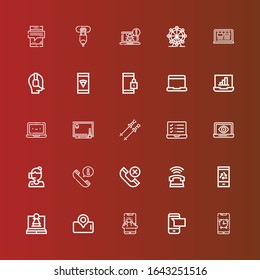 Editable 25 telephone icons for web and mobile. Set of telephone included icons line Smartphone, Sms, Laptop, Mobile, Phone, Call, Call center, Poles, Drawing tablet, Operator on red