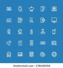 Editable 25 iconos de teléfono para web y móvil. Conjunto de teléfonos incluidos línea de iconos Sin teléfonos, tarjetas, Tablet, portátil, centro de llamadas, teléfono, móvil, tarjeta, Smartphone sobre fondo azul