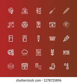 Editable 25 temperature icons for web and mobile. Set of temperature included icons line Temperature, Thermo, Thermometer, Fridge, Dimensions, Stove, Mercury, Radiation on red