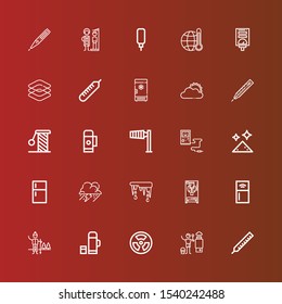 Editable 25 temperature icons for web and mobile. Set of temperature included icons line Thermometer, Heater, Radiation, Thermo, Snow, Refrigerator, Freezer, Thaw, Storm on red