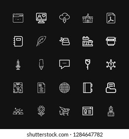 Editable 25 template icons for web and mobile. Set of template included icons line Knight, Certificate, Dragon, Flower, Gold, Folder, Notebook, Grid, Curriculum vitae on black background