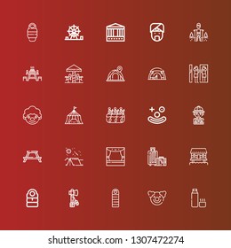 Editable 25 tent icons for web and mobile. Set of tent included icons line Thermos, Clown, Sleeping bag, Tomahawk, Cabin, Travel, Stage, Camping, Picnic table, Safari, Rafting on red