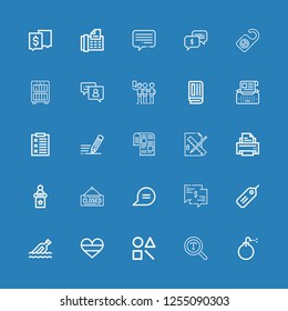 Editable 25 text icons for web and mobile. Set of text included icons line Bomb, Font, Shape, Germany, Message, Tag, Chat, Closed, Speech, Printer, Edit tools on blue background