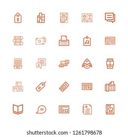 Editable 25 text icons for web and mobile. Set of text included icons line Cook, Contract, Newspaper, Chat, Book, Fax, Tag, Abc, Ereader, Punk, Bookshelf, Booking on white background
